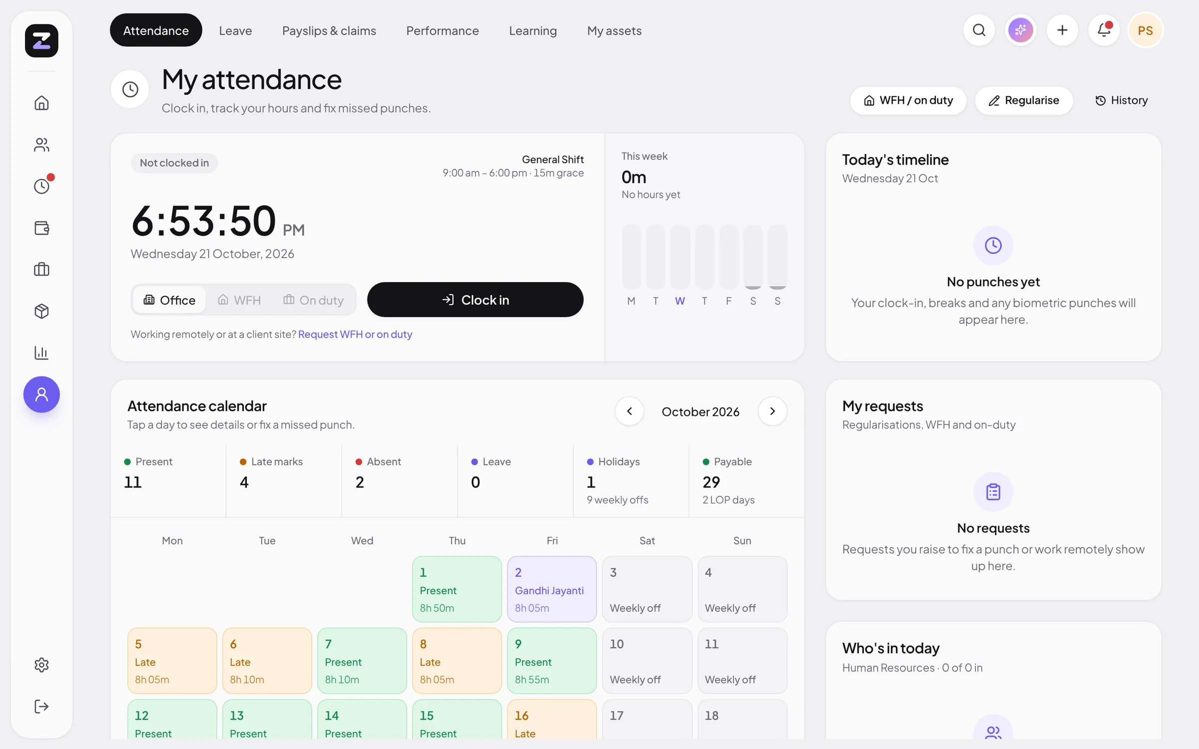 ZodHR My attendance screen with the clock-in card, this week and the monthly attendance calendar