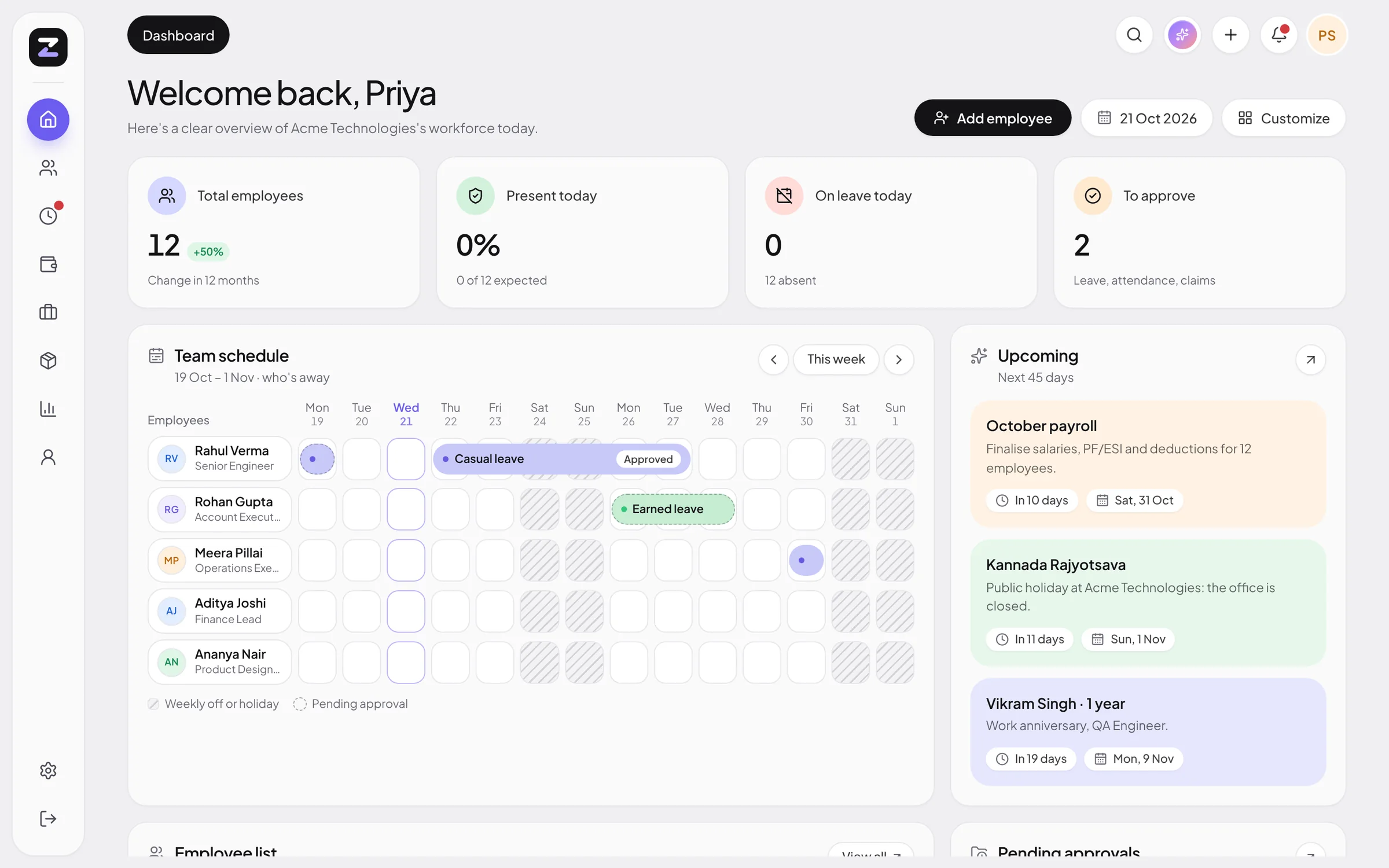 ZodHR HR dashboard with KPIs, the team schedule and upcoming events