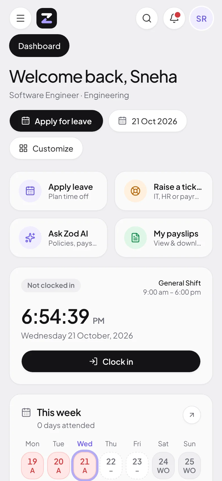 ZodHR on a phone: the employee dashboard with clock-in and leave